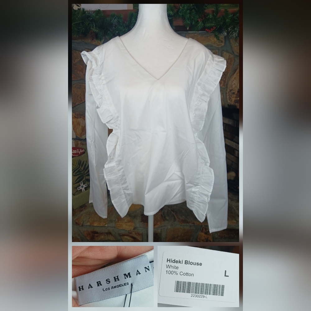 NWT $228 Harshman Tunic Women's Sz Large Crisp White Hideki Ruffle Blouse
